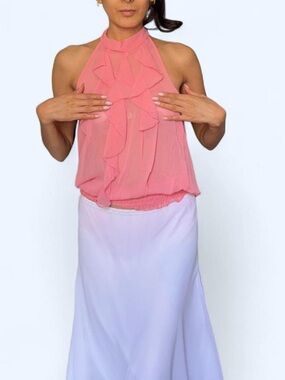 💗✨ Vintage Y2K Pink/ coral Sheer Ruffle Halter Top ✨💗